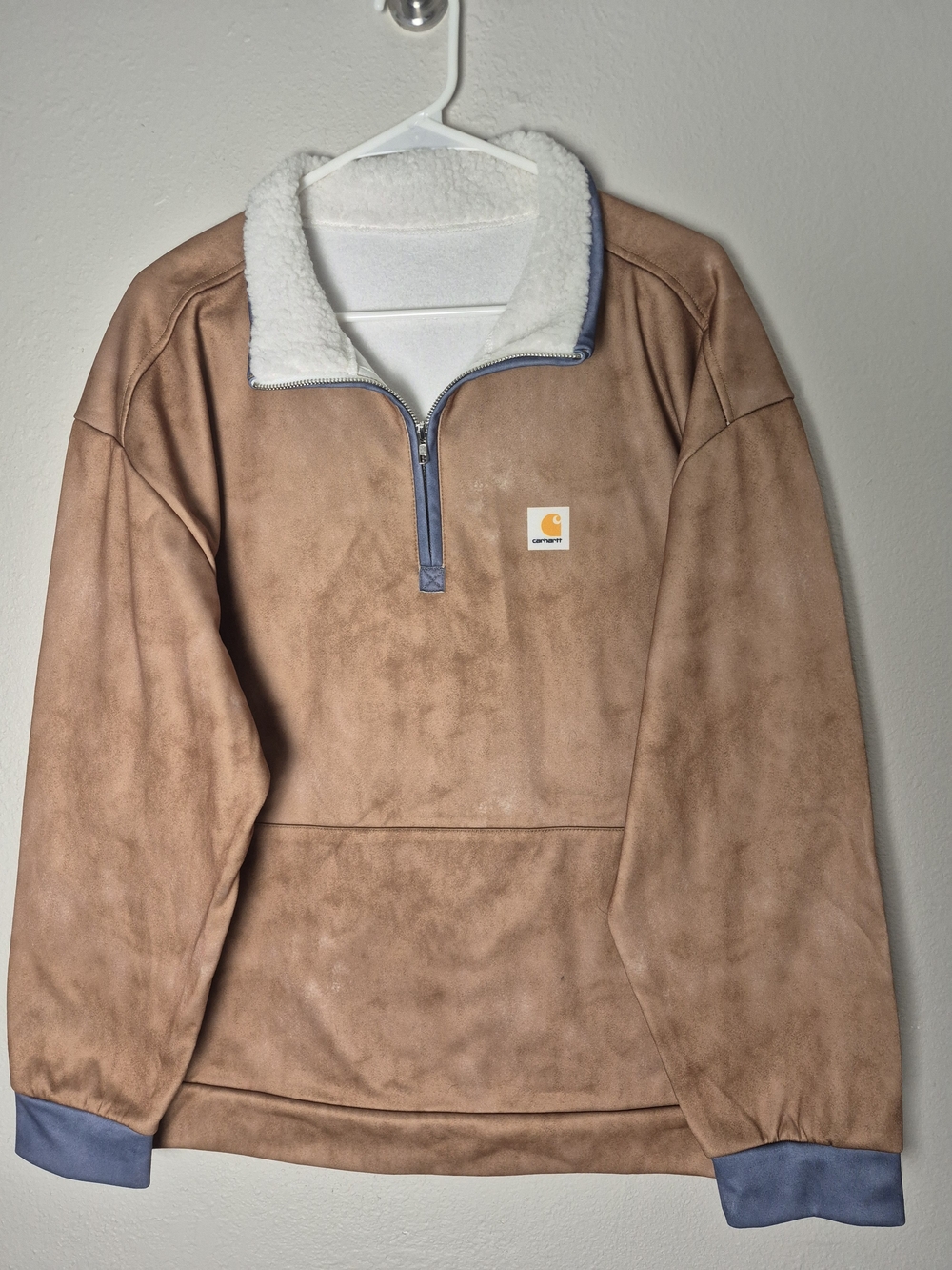 Carhartt Men’s Tan Suede-Look Sherpa Half-Zip Pullover with Blue Trim. Size XLg